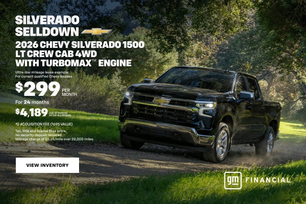 2026 Chevy Silverado 1500 LT Crew Cab 4WD with TurboMax Engine. Ultra-low mileage lease example: ...